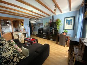 a living room with a black couch and a fireplace at Vivienda turistica Pop Bowie House in Úbeda