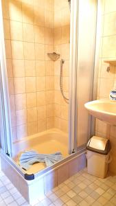 W łazience znajduje się prysznic i umywalka. w obiekcie Almbrünnerl die Almhütte auf der Raffner Alm w mieście Ruhpolding