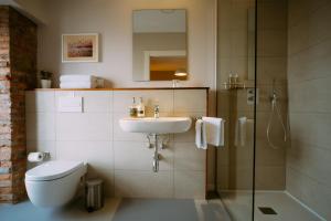 a bathroom with a sink and a toilet and a shower at el gran sueño Boutique Hotel & Apartamentos - Adults Only in Pintueles