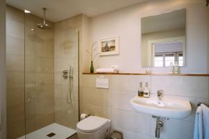 a bathroom with a toilet and a sink and a shower at el gran sueño Boutique Hotel & Apartamentos - Adults Only in Pintueles