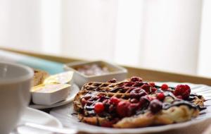 a waffle with berries on a plate on a table at Guest House Panorama Aqualux in Novi Sad