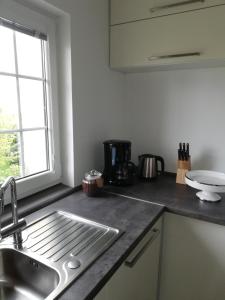 um balcão de cozinha com um lavatório e uma janela em Ferienwohnung Auszeit em Dornbirn