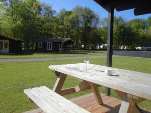 een houten picknicktafel met een glas wijn erop bij Vakantiepark t Urkerbos - Blokhutje in Urk