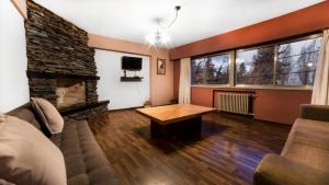 sala de estar con sofá y chimenea en Piso villegas en San Carlos de Bariloche