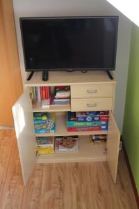 a television on top of a book shelf with books at Urlaub am Bauernhof Weichselbaum in Schloss Rosenau