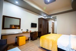 een hotelkamer met een bed, een bureau en een televisie bij Mugwort Hotel & Spa in Istanbul