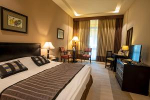 a hotel room with a bed and a desk and a television at Century Park Hotel in Amman