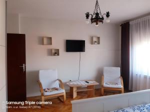 een woonkamer met 2 stoelen en een televisie bij Rooms & Apartments Amelee in Zagreb