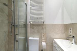 a bathroom with a shower and a toilet and a sink at DOMEK NAD WISŁĄ in Kazimierz Dolny +8 photos
