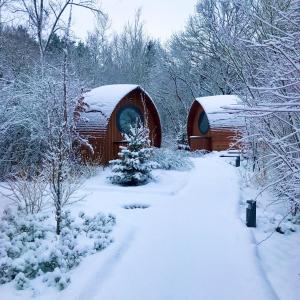 a couple of wooden domes in the snow at Glamping Resort Biosphäre Bliesgau in Kleinblittersdorf