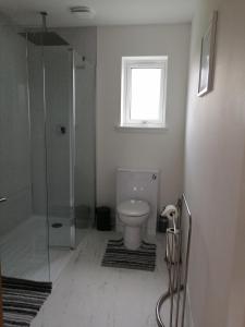 La salle de bains est pourvue de toilettes, d'une douche et d'une fenêtre. dans l'établissement Poachers Bothy, à Skeabost