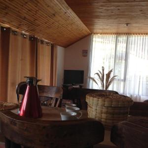 a living room with a table with a red kettle on it at Cabañas Refugio del cerro in Aquitania