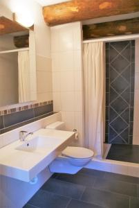 La salle de bains est pourvue d'un lavabo et de toilettes. dans l'établissement Charmante Ferienwohnung im Landhausstil, à Kašperské Hory