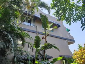 a building with palm trees in front of it at Upstairs Flat Sea Views Pet Friendly in Ballito