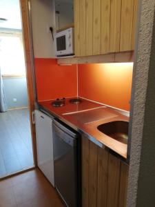 a small kitchen with a sink and a microwave at Studio 1 pièce PLAGNE VILLAGE 4 personnes 2050 M PIED DES PISTES in Plagne Villages