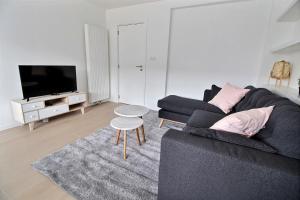 a living room with a black couch and a tv at Rent a flat - Montgomery in Brussels