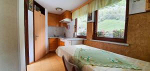 une petite cuisine avec un lit et une fenêtre dans l'établissement Apartmaji BOHINJ, à Bohinj 24 autres photos