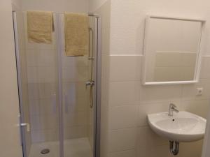 a bathroom with a shower and a sink at Haupthaus Möblierte Zimmer mit eigenem Bad in Uelzen