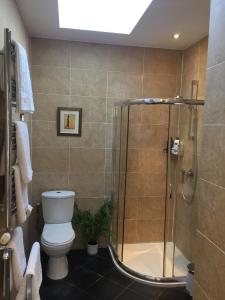 a bathroom with a toilet and a glass shower at The Coach House in Cardiff