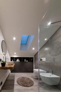 a bathroom with a toilet and a sink and a skylight at Panoramic penthouse in the historical center in Domodossola