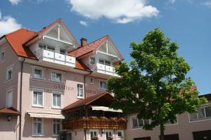 un grand bâtiment avec un arbre en face dans l'établissement Hotel Restaurant Zum Hirschen, à Donaueschingen