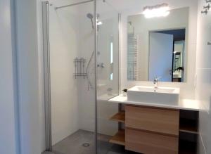 een badkamer met een wastafel en een douche bij Leben!Pur - Alpenlofts in Bad Mitterndorf