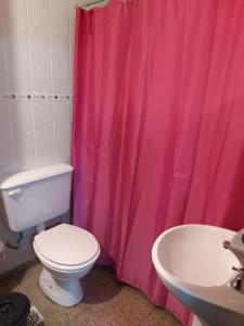baño con cortina de ducha rosa y aseo en Departamento céntrico en Santa Fe capital en Santa Fe