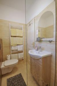 a bathroom with a sink and a toilet and a mirror at Csigaház panzió in Gyula