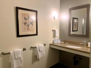 a bathroom with a sink and a mirror and towels at The Barrington in Great Barrington