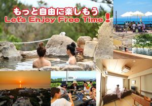 a collage of photos with people sitting in the water at Grampus Sea in Shirahama