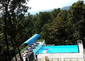 a large swimming pool with a blue slide at Woodrose Resort in Kalpetta