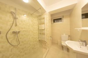 uma casa de banho com um chuveiro e um lavatório. em Crema Residence em Alba Iulia