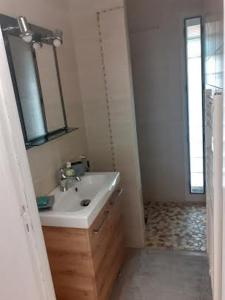 ein Bad mit einem Waschbecken und einem Spiegel in der Unterkunft Gadeyne Nathalie Le chalet de Malvoue in Vimoutiers