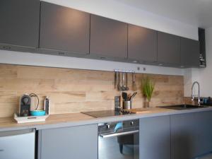 eine Küche mit Küchengeräten aus Edelstahl und schwarzen Schränken in der Unterkunft 4MIN ORLEANS APPT 1CHB PLEIN AU CALME AVEC TERRASSE ET PARKING DEVANT in Saint-Jean-de-Braye