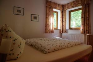a bedroom with a bed and two windows at Steglacher Hof in Mayrhofen