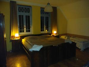 een slaapkamer met 2 bedden en 2 ramen bij Amálie Vila 1921 secesní nostalgie in Olomouc
