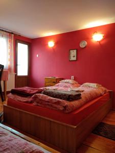 a bedroom with a large bed in a red wall at Csergő Ildikó vendégház in Lăzarea