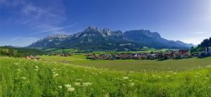 un campo verde con un pueblo y montañas al fondo en Ferienwohnung Ager-Bucher en Ellmau
