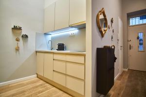 a kitchen with white cabinets and a black refrigerator at K95 Apartment - Budapest in Budapest