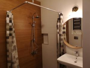 a bathroom with a shower and a sink at Ośrodek Wczasowy Temida in Świnoujście