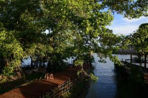 a wooden dock on a river with trees and water at Baan​ Tonlamphu​ Pakpra in Phatthalung
