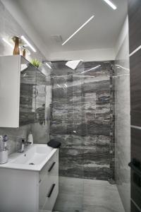 een badkamer met een wastafel en een douche bij W18 Design Apartments - Budapest Downtown in Boedapest