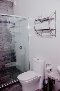 a bathroom with a toilet and a glass shower at Palm Hotel Tarapoto in Tarapoto