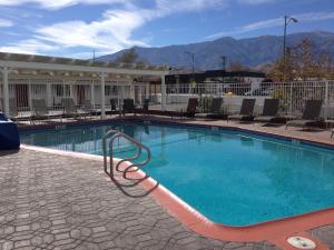 a large swimming pool with chairs and mountains in the background at Dow Villa Motel in Lone Pine