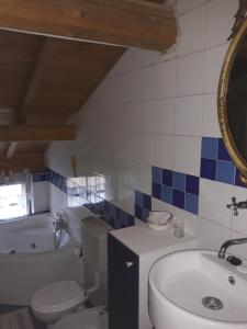 a bathroom with a sink and a toilet and a mirror at Agriturismo Olivazzi in Quattordio