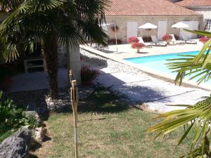 a pool with a palm tree next to a house at Chambres d'Hôtes Domaine de Beunes in Pailloles