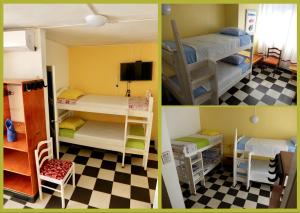 Deux photos d'un dortoir avec lits superposés dans l'établissement Hotel Pueblito Playa, à Carthagène des Indes