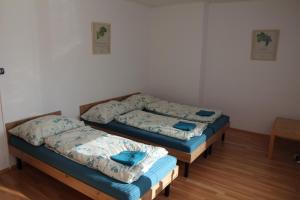 two twin beds in a room with a table at Penzion jaký svět neviděl in Šakvice