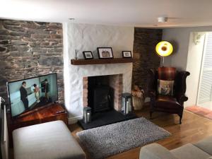 a living room with a fireplace and a tv at Arthur Street Guest Cottage No16 in Hillsborough