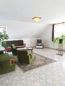 ein Wohnzimmer mit 2 Sofas und einem TV in der Unterkunft Édenkert Apartman in Keszthely
